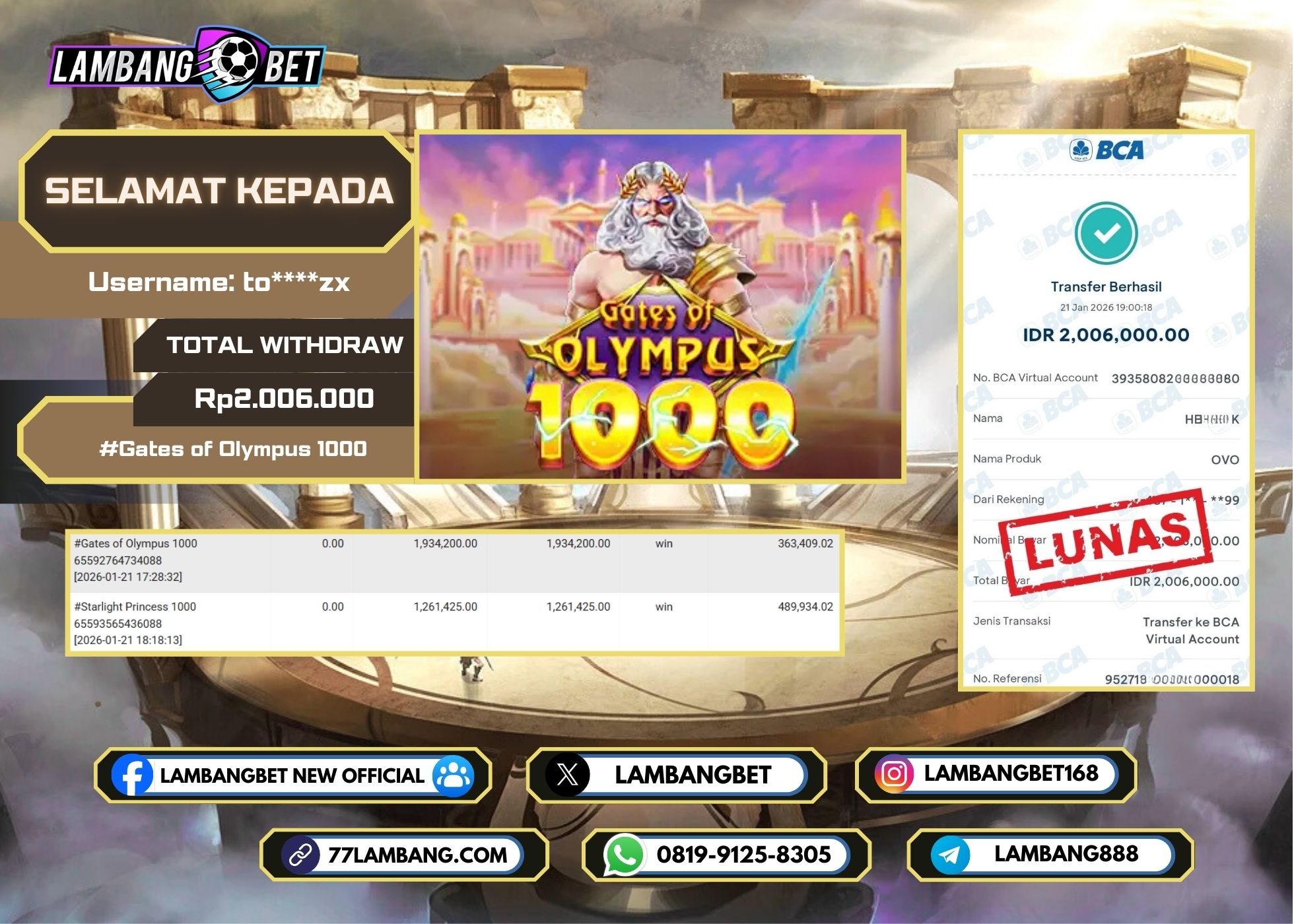 LAMBANGBET [21 JANUARI 2026] JACKPOT SLOT Gates of Olympus 1000 "Rp2.006.000" LUNAS